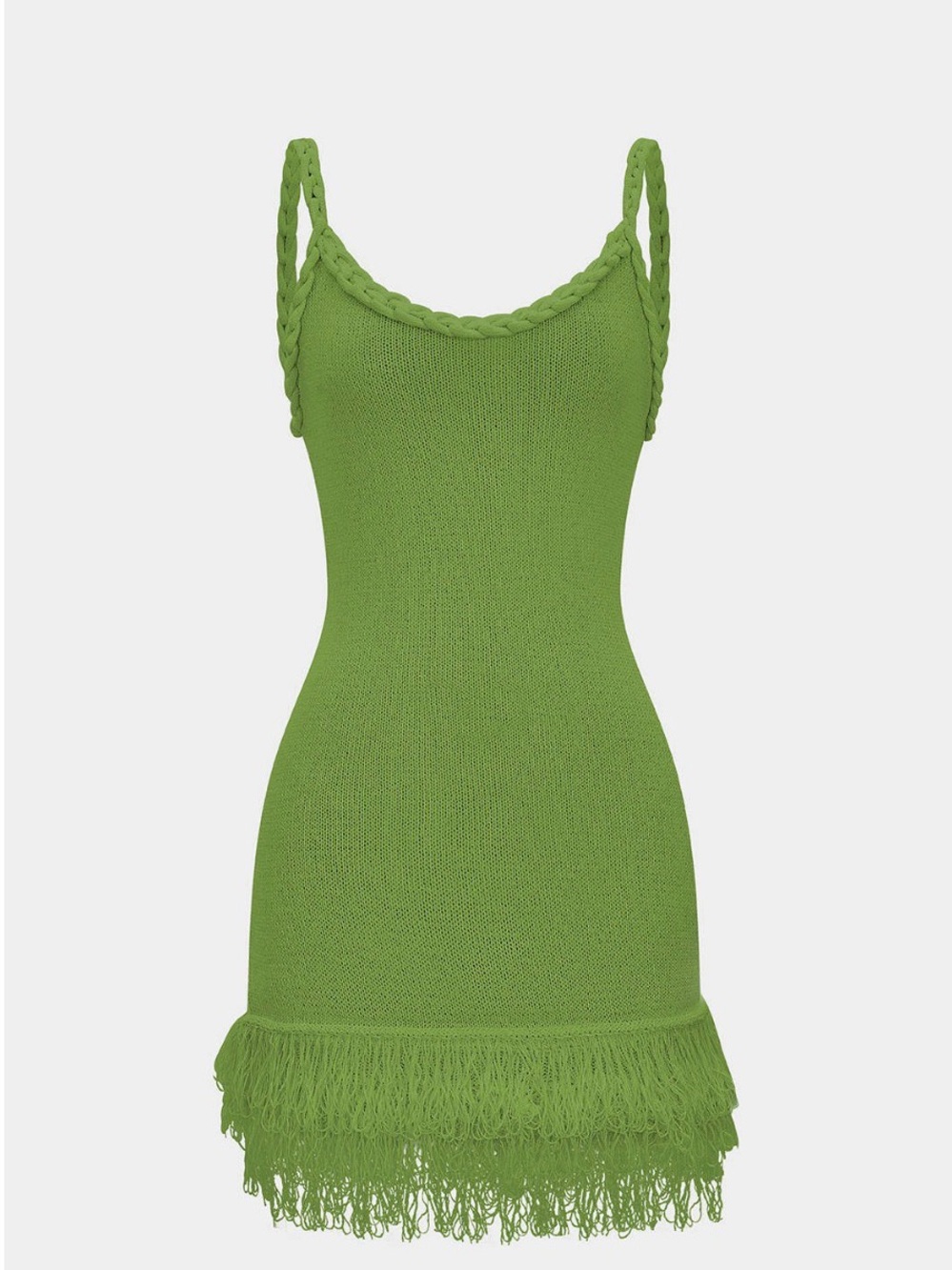Braided-Strap Green Knit Slip Dress